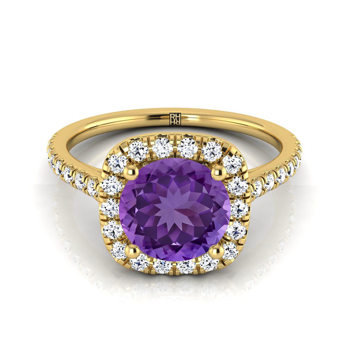 14K Yellow Gold Round Brilliant Amethyst Halo Diamond Pave Engagement Ring -1/3ctw