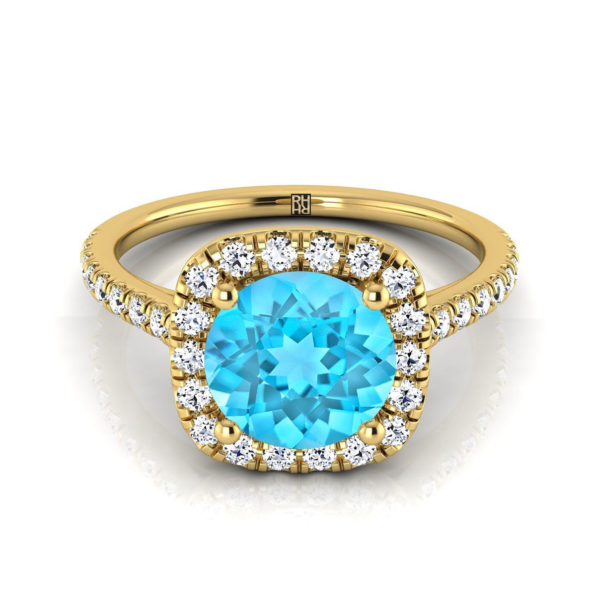 14K Yellow Gold Round Brilliant Swiss Blue Topaz Halo Diamond Pave Engagement Ring -1/3ctw