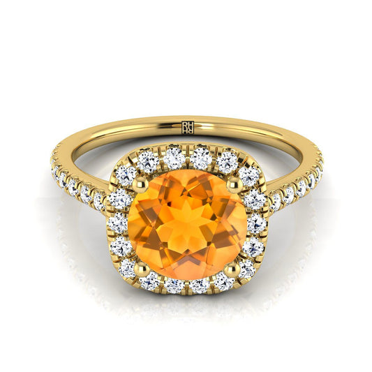 18K Yellow Gold Round Brilliant Citrine Halo Diamond Pave Engagement Ring -1/3ctw