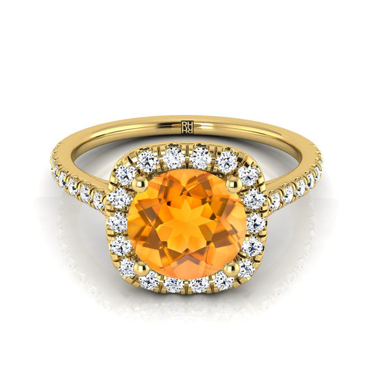 14K Yellow Gold Round Brilliant Citrine Halo Diamond Pave Engagement Ring -1/3ctw
