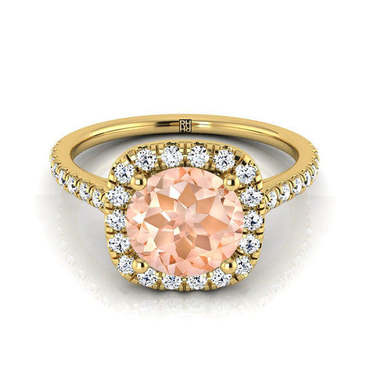 18K Yellow Gold Round Brilliant Morganite Halo Diamond Pave Engagement Ring -1/3ctw