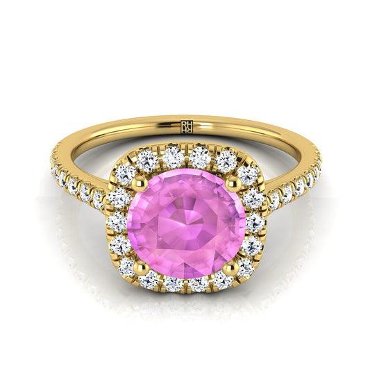 14K Yellow Gold Round Brilliant Pink Sapphire Halo Diamond Pave Engagement Ring -1/3ctw
