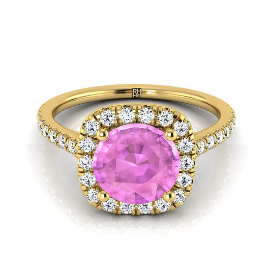 18K Yellow Gold Round Brilliant Pink Sapphire Halo Diamond Pave Engagement Ring -1/3ctw