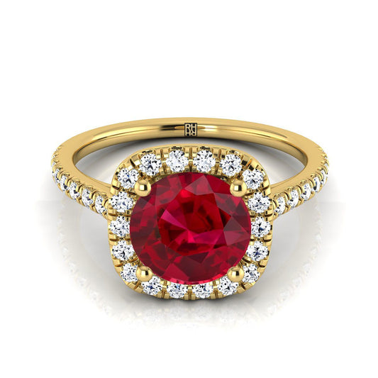 18K Yellow Gold Round Brilliant Ruby Halo Diamond Pave Engagement Ring -1/3ctw