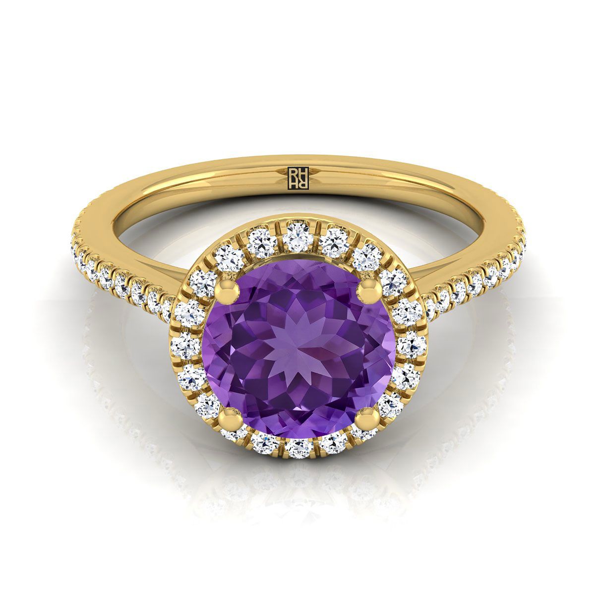 14K Yellow Gold Round Brilliant Classic French Pave Halo and Linear Engagement Ring -1/4ctw