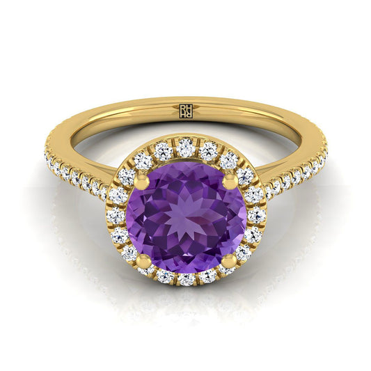 14K Yellow Gold Round Brilliant Classic French Pave Halo and Linear Engagement Ring -1/4ctw