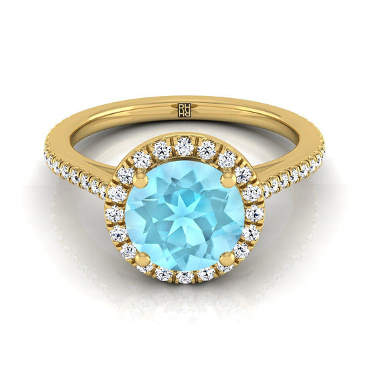 18K Yellow Gold Round Brilliant Classic French Pave Halo and Linear Engagement Ring -1/4ctw