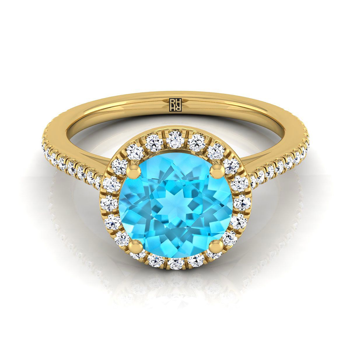 18K Yellow Gold Round Brilliant Classic French Pave Halo and Linear Engagement Ring -1/4ctw