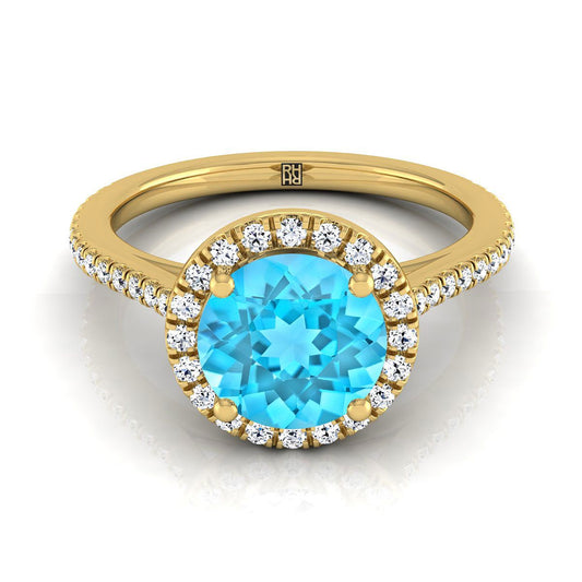 18K Yellow Gold Round Brilliant Classic French Pave Halo and Linear Engagement Ring -1/4ctw