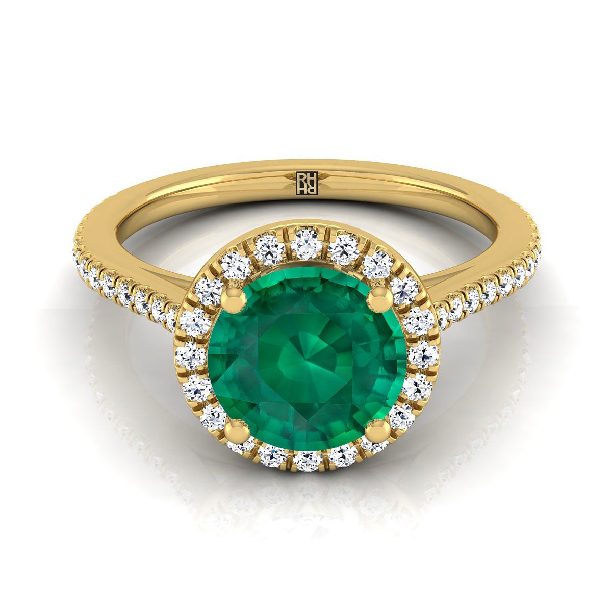 18K Yellow Gold Round Brilliant Classic French Pave Halo and Linear Engagement Ring -1/4ctw