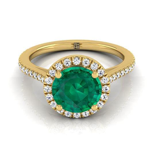 18K Yellow Gold Round Brilliant Classic French Pave Halo and Linear Engagement Ring -1/4ctw