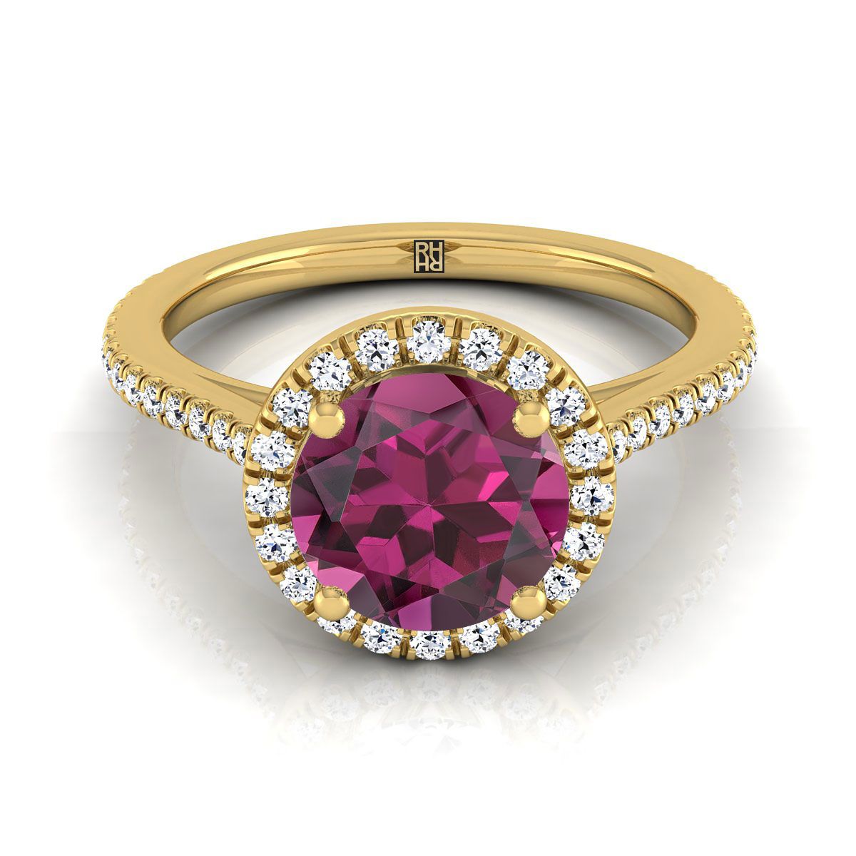 14K Yellow Gold Round Brilliant Classic French Pave Halo and Linear Engagement Ring -1/4ctw