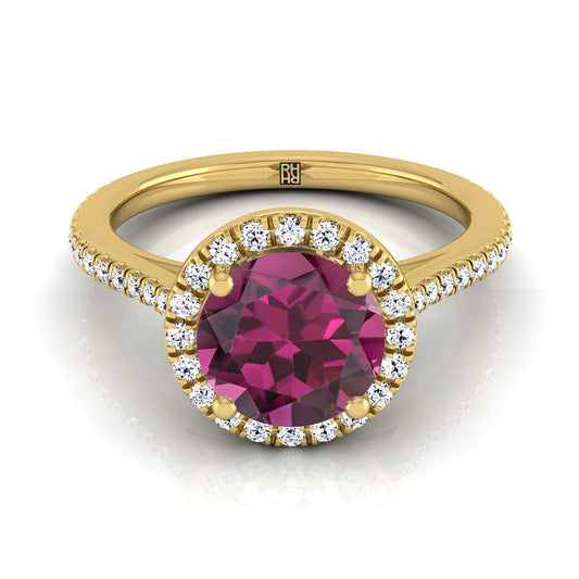 18K Yellow Gold Round Brilliant Classic French Pave Halo and Linear Engagement Ring -1/4ctw