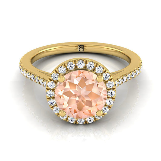 18K Yellow Gold Round Brilliant Classic French Pave Halo and Linear Engagement Ring -1/4ctw