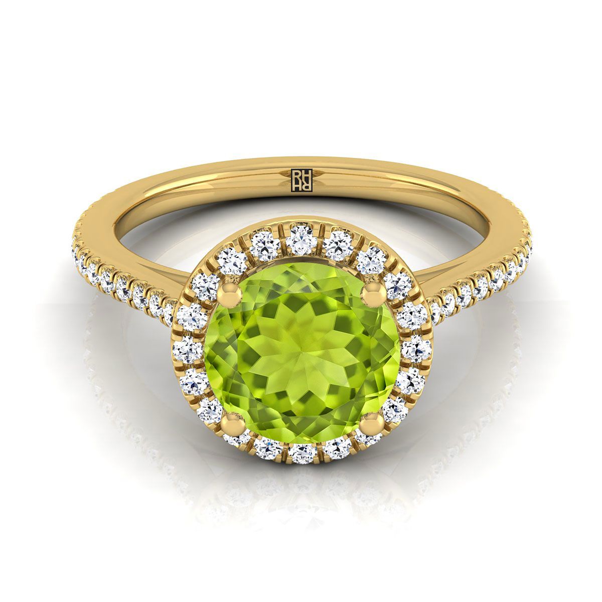 18K Yellow Gold Round Brilliant Classic French Pave Halo and Linear Engagement Ring -1/4ctw