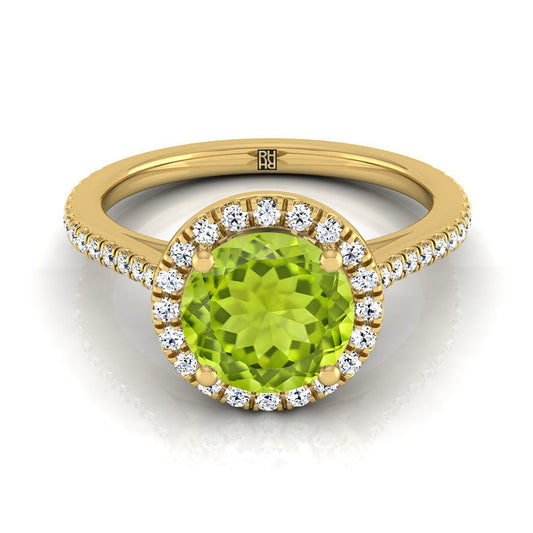18K Yellow Gold Round Brilliant Classic French Pave Halo and Linear Engagement Ring -1/4ctw