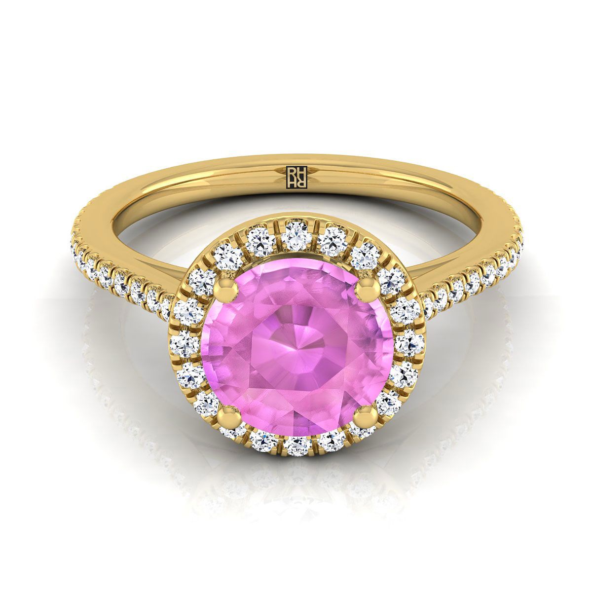 18K Yellow Gold Round Brilliant Classic French Pave Halo and Linear Engagement Ring -1/4ctw