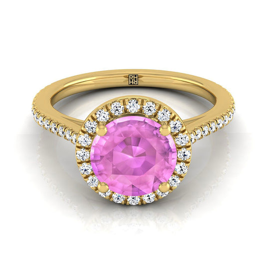 18K Yellow Gold Round Brilliant Classic French Pave Halo and Linear Engagement Ring -1/4ctw