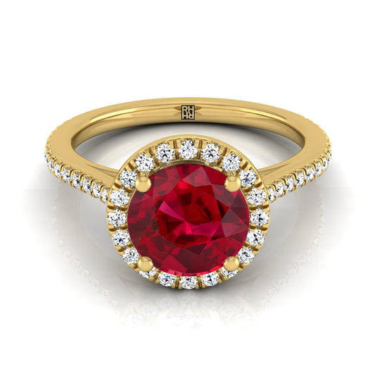 14K Yellow Gold Round Brilliant Classic French Pave Halo and Linear Engagement Ring -1/4ctw