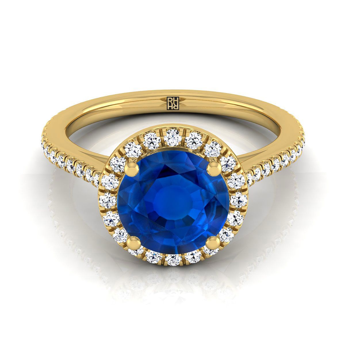 18K Yellow Gold Round Brilliant Classic French Pave Halo and Linear Engagement Ring -1/4ctw