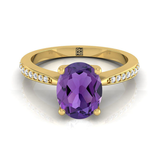 14K Yellow Gold Oval Amethyst Tapered Pave Diamond Engagement Ring -1/8ctw