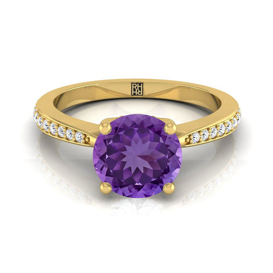 14K Yellow Gold Round Brilliant Amethyst Tapered Pave Diamond Engagement Ring -1/8ctw