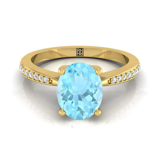 18K Yellow Gold Oval Aquamarine Tapered Pave Diamond Engagement Ring -1/8ctw