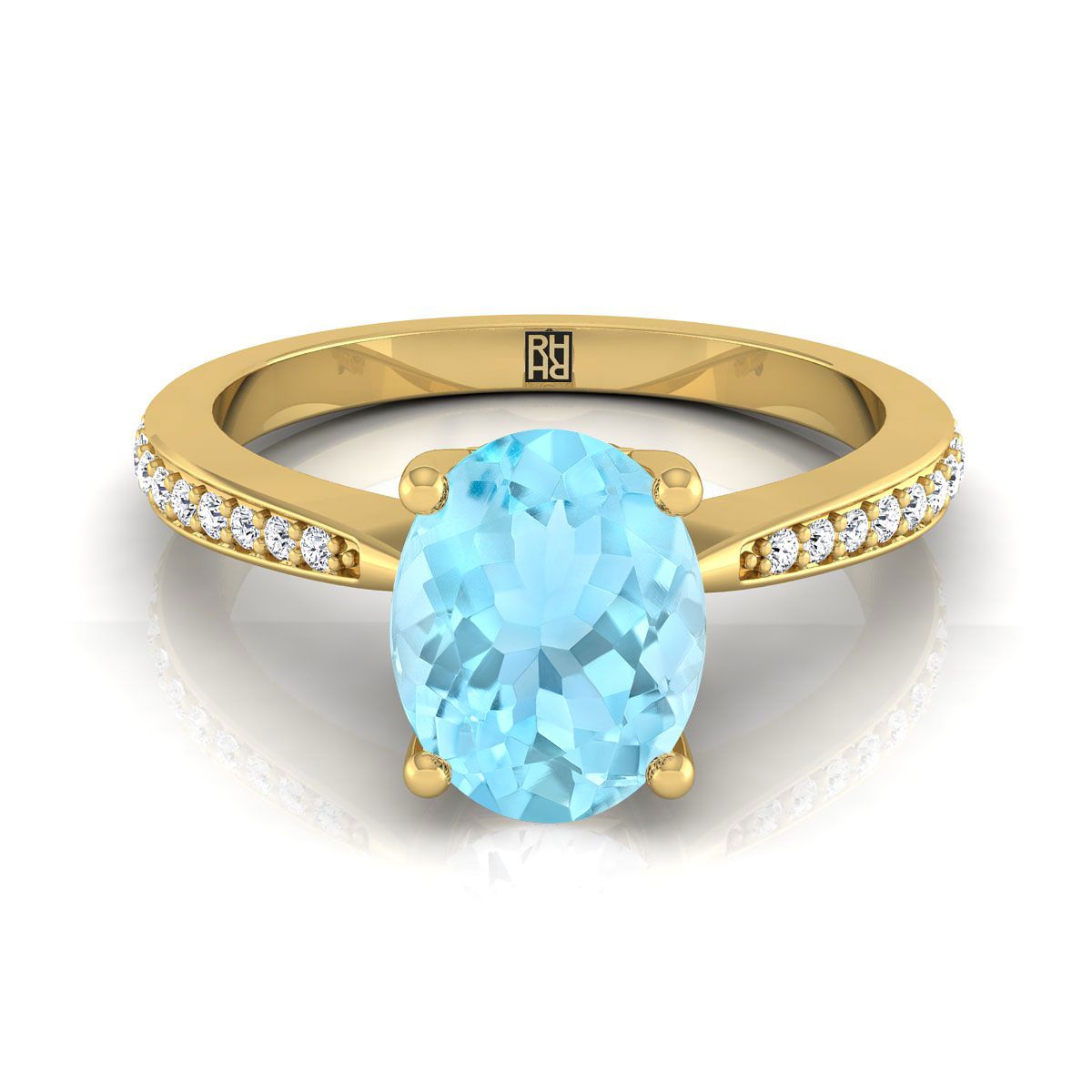 14K Yellow Gold Oval Aquamarine Tapered Pave Diamond Engagement Ring -1/8ctw