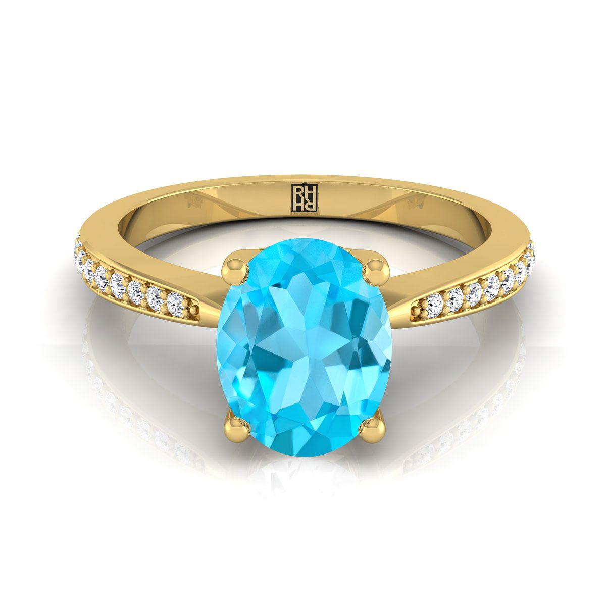 14K Yellow Gold Oval Swiss Blue Topaz Tapered Pave Diamond Engagement Ring -1/8ctw
