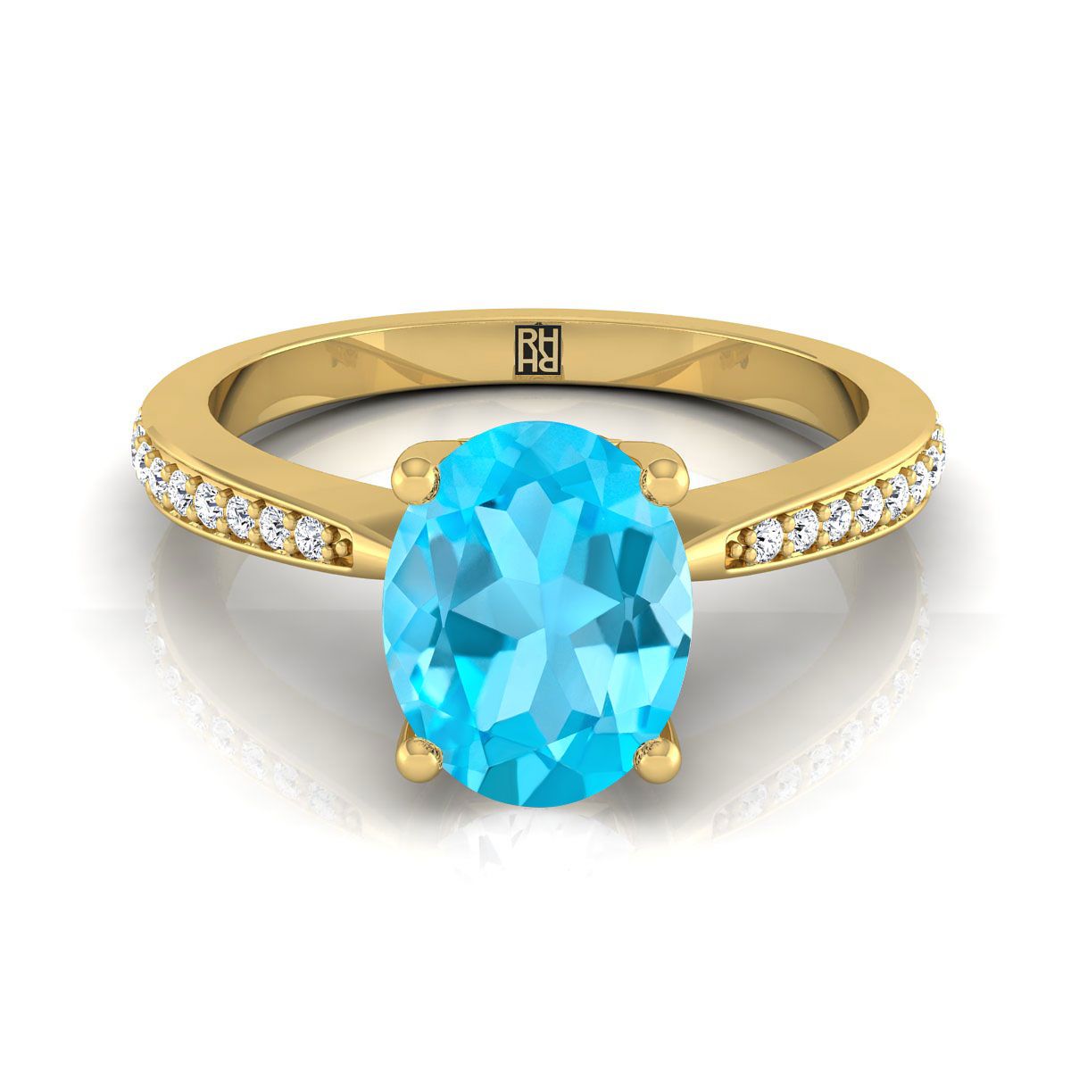 18K Yellow Gold Oval Swiss Blue Topaz Tapered Pave Diamond Engagement Ring -1/8ctw