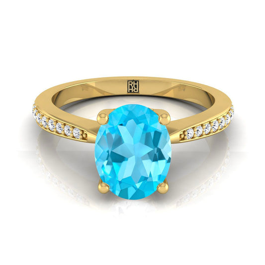 18K Yellow Gold Oval Swiss Blue Topaz Tapered Pave Diamond Engagement Ring -1/8ctw
