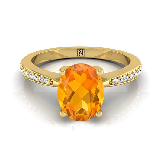 18K Yellow Gold Oval Citrine Tapered Pave Diamond Engagement Ring -1/8ctw