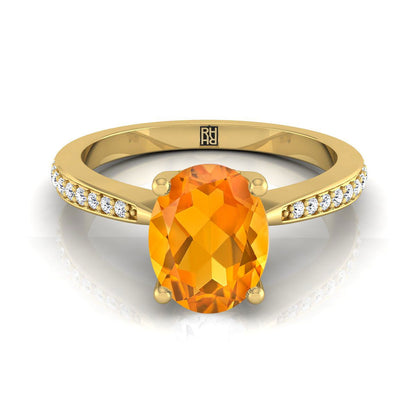 14K Yellow Gold Oval Citrine Tapered Pave Diamond Engagement Ring -1/8ctw