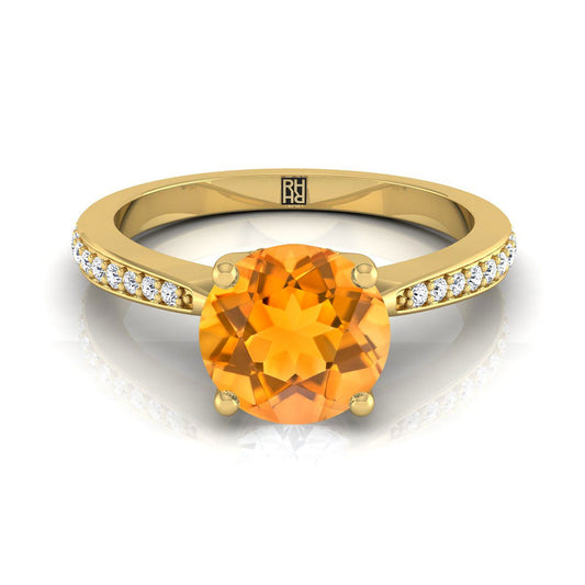 14K Yellow Gold Round Brilliant Citrine Tapered Pave Diamond Engagement Ring -1/8ctw