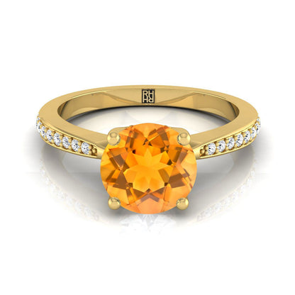 18K Yellow Gold Round Brilliant Citrine Tapered Pave Diamond Engagement Ring -1/8ctw