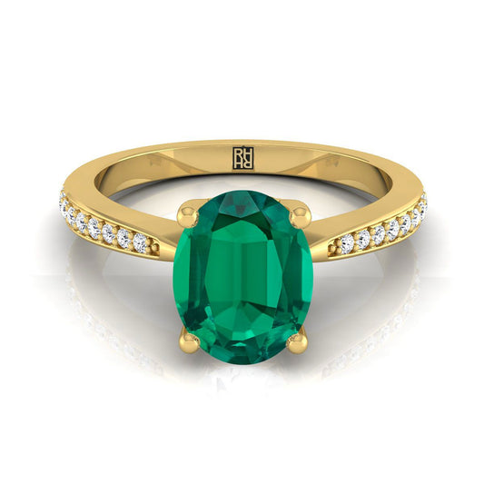 18K Yellow Gold Oval Emerald Tapered Pave Diamond Engagement Ring -1/8ctw