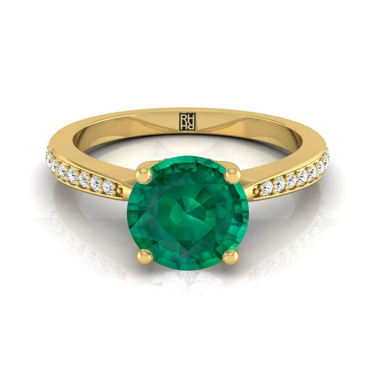 14K Yellow Gold Round Brilliant Emerald Tapered Pave Diamond Engagement Ring -1/8ctw