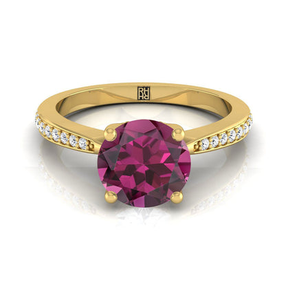 18K Yellow Gold Round Brilliant Garnet Tapered Pave Diamond Engagement Ring -1/8ctw