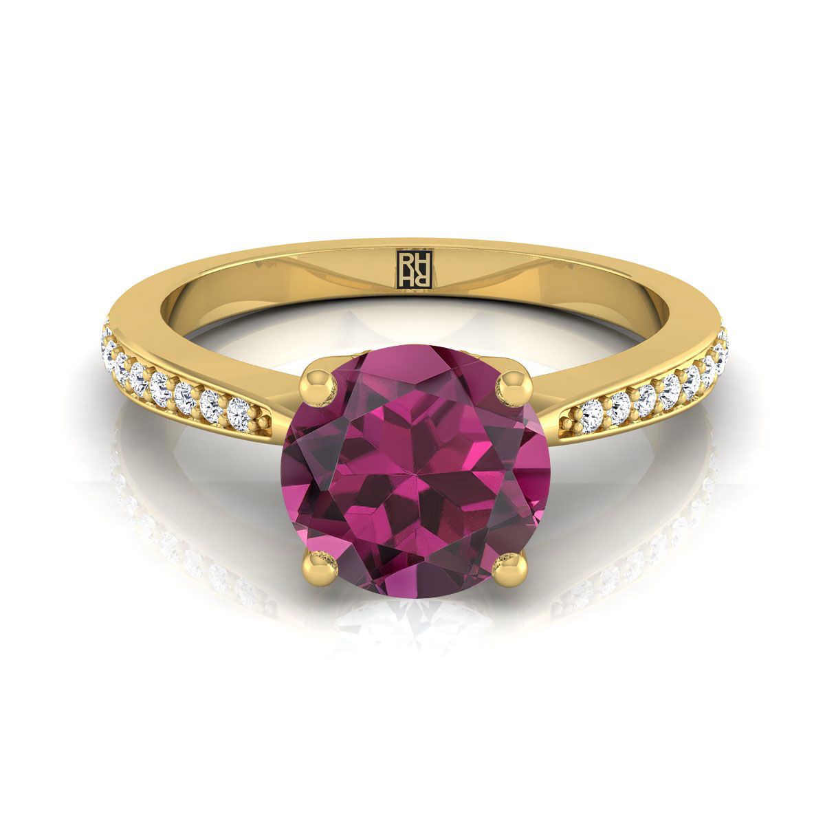 14K Yellow Gold Round Brilliant Garnet Tapered Pave Diamond Engagement Ring -1/8ctw