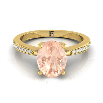 18K Yellow Gold Oval Morganite Tapered Pave Diamond Engagement Ring -1/8ctw