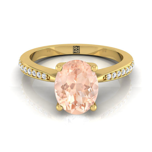 14K Yellow Gold Oval Morganite Tapered Pave Diamond Engagement Ring -1/8ctw