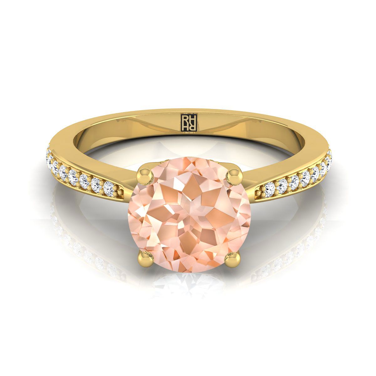 14K Yellow Gold Round Brilliant Morganite Tapered Pave Diamond Engagement Ring -1/8ctw