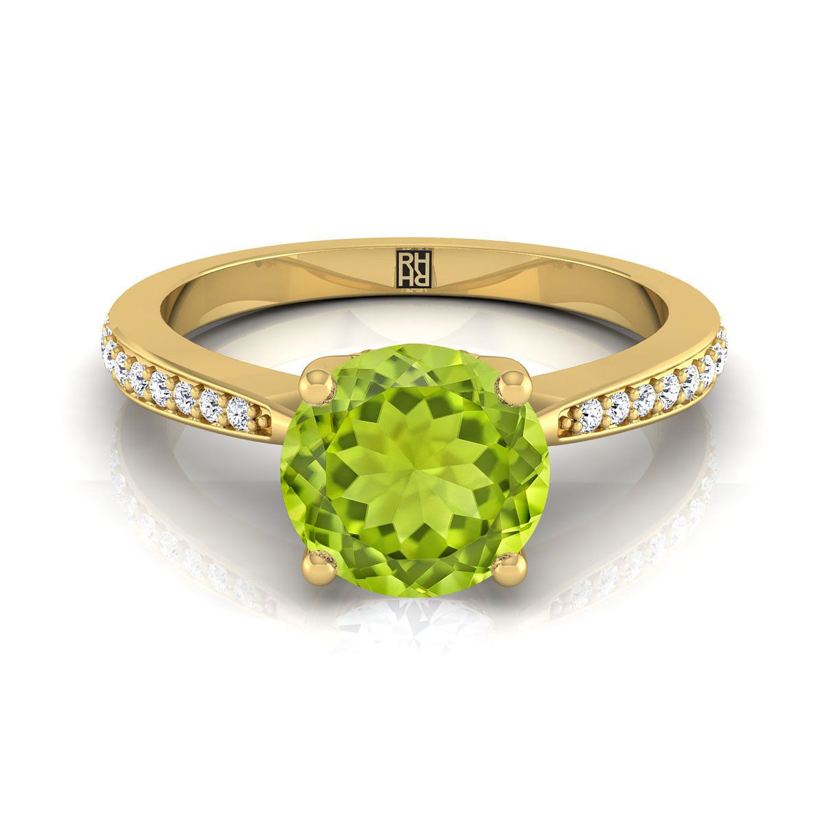 14K Yellow Gold Round Brilliant Peridot Tapered Pave Diamond Engagement Ring -1/8ctw
