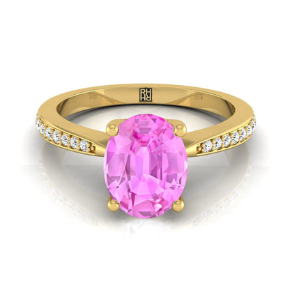 14K Yellow Gold Oval Pink Sapphire Tapered Pave Diamond Engagement Ring -1/8ctw