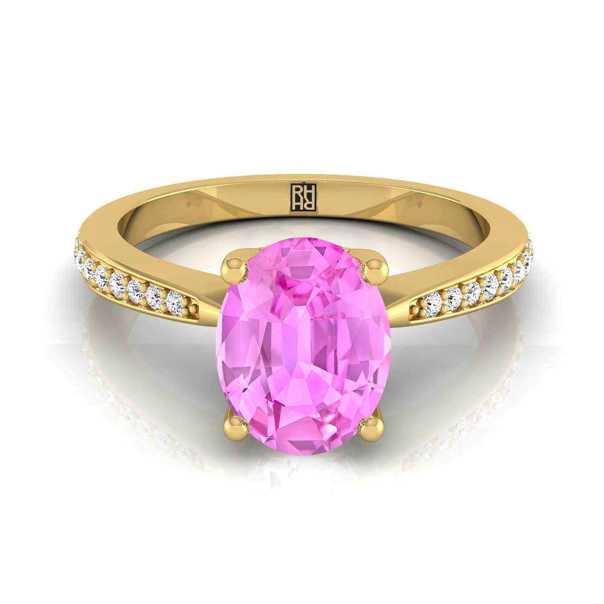 18K Yellow Gold Oval Pink Sapphire Tapered Pave Diamond Engagement Ring -1/8ctw