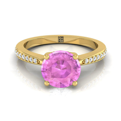 14K Yellow Gold Round Brilliant Pink Sapphire Tapered Pave Diamond Engagement Ring -1/8ctw