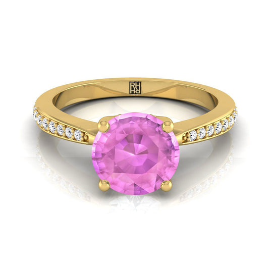 14K Yellow Gold Round Brilliant Pink Sapphire Tapered Pave Diamond Engagement Ring -1/8ctw