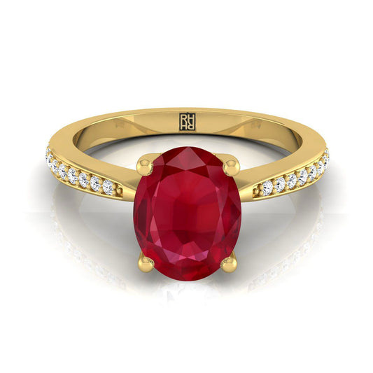 14K Yellow Gold Oval Ruby Tapered Pave Diamond Engagement Ring -1/8ctw