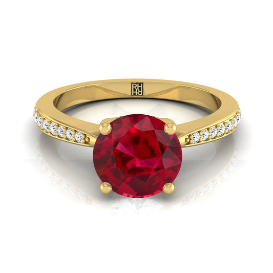 18K Yellow Gold Round Brilliant Ruby Tapered Pave Diamond Engagement Ring -1/8ctw