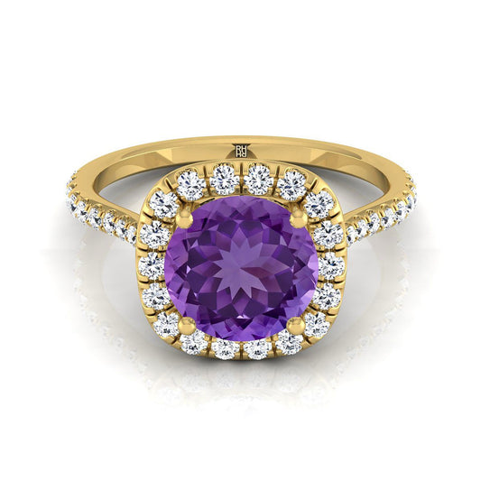 14K Yellow Gold Round Brilliant Amethyst Shared Prong Diamond Halo Engagement Ring -3/8ctw